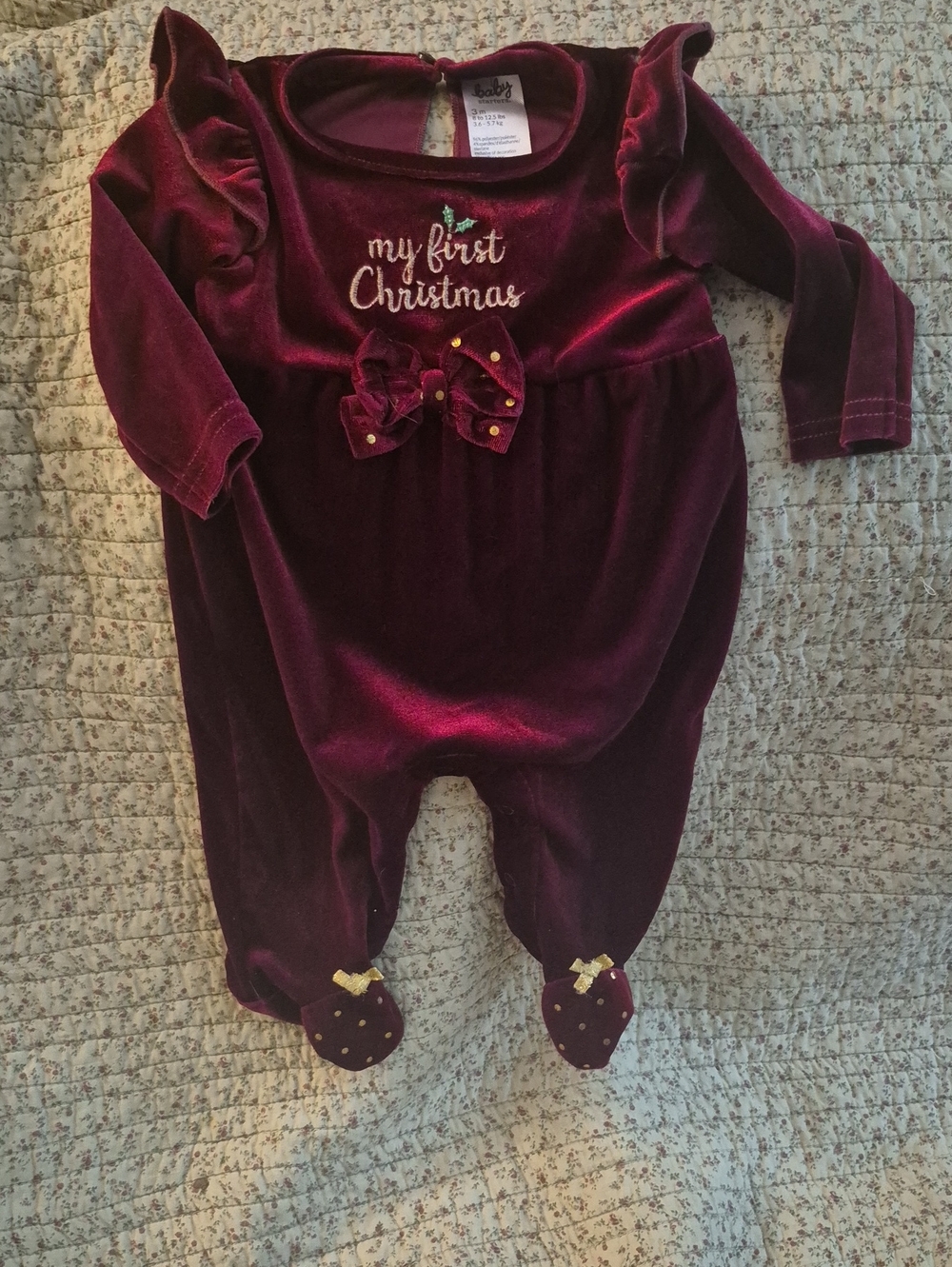 Baby Starters Velvet 'My First Christmas' One-Piece Romper - Burgundy